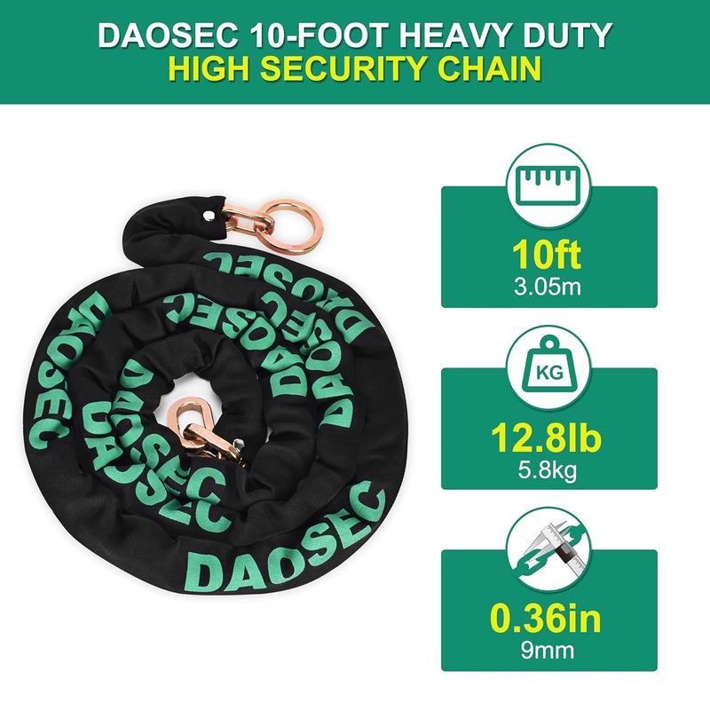 DAOSEC 10ft Maximum Security Chain - 3/8" (9mm) Hardened Boron Steel - Anti-Theft Motorcycle & Bike Lock for Fence, Shed, ATV, RV (Weatherproof Galvanized) - Image 2